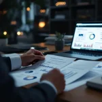 Cybersecurity professional bekijkt penetratietestrapport met grafieken op bureau, laptop toont beveiligingsdashboard