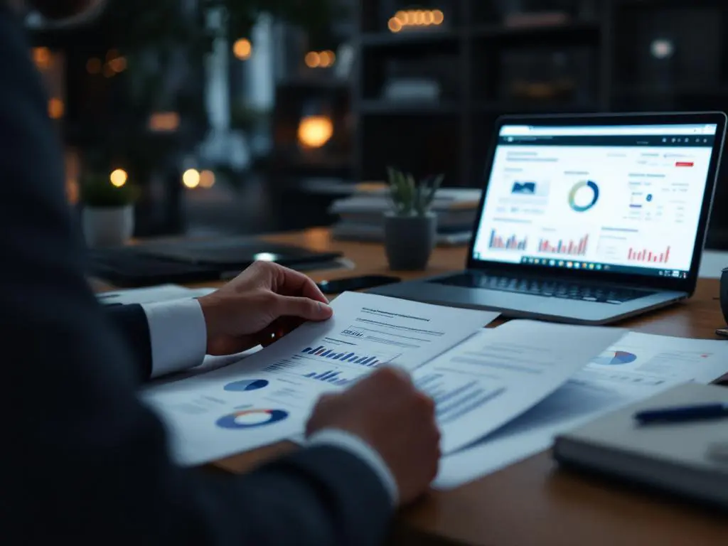 Cybersecurity professional bekijkt penetratietestrapport met grafieken op bureau, laptop toont beveiligingsdashboard