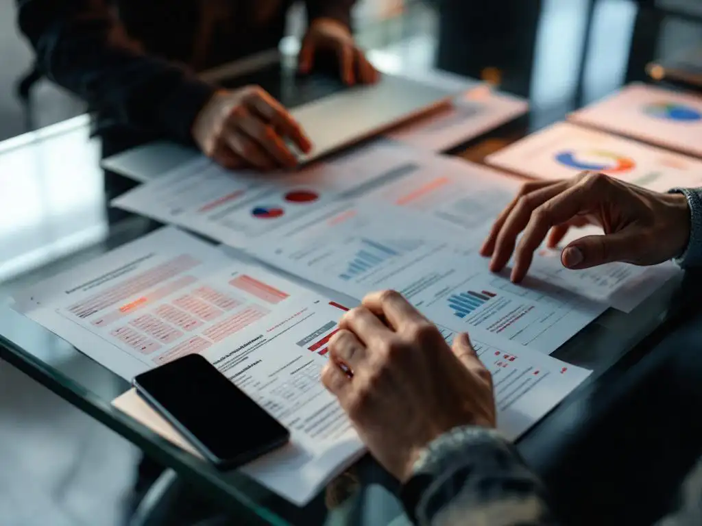 Cybersecurityprofessional typt op laptop met penetratietestverslagen en beveiligingsdashboard op bureau