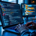 Cybersecurity professional typt op laptop met penetratietestcode op dubbele monitoren in moderne werkruimte
