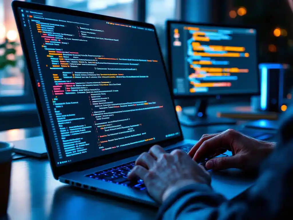 Cybersecurity professional typt op laptop met penetratietestcode op dubbele monitoren in moderne werkruimte