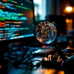 Cybersecurity professional onderzoekt code kwetsbaarheden met vergrootglas op computerscherm, penetratietestapparatuur op bureau