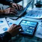 Cybersecurity professional typt op laptop met penetratietests en kwetsbaarheidsscans op glazen bureau