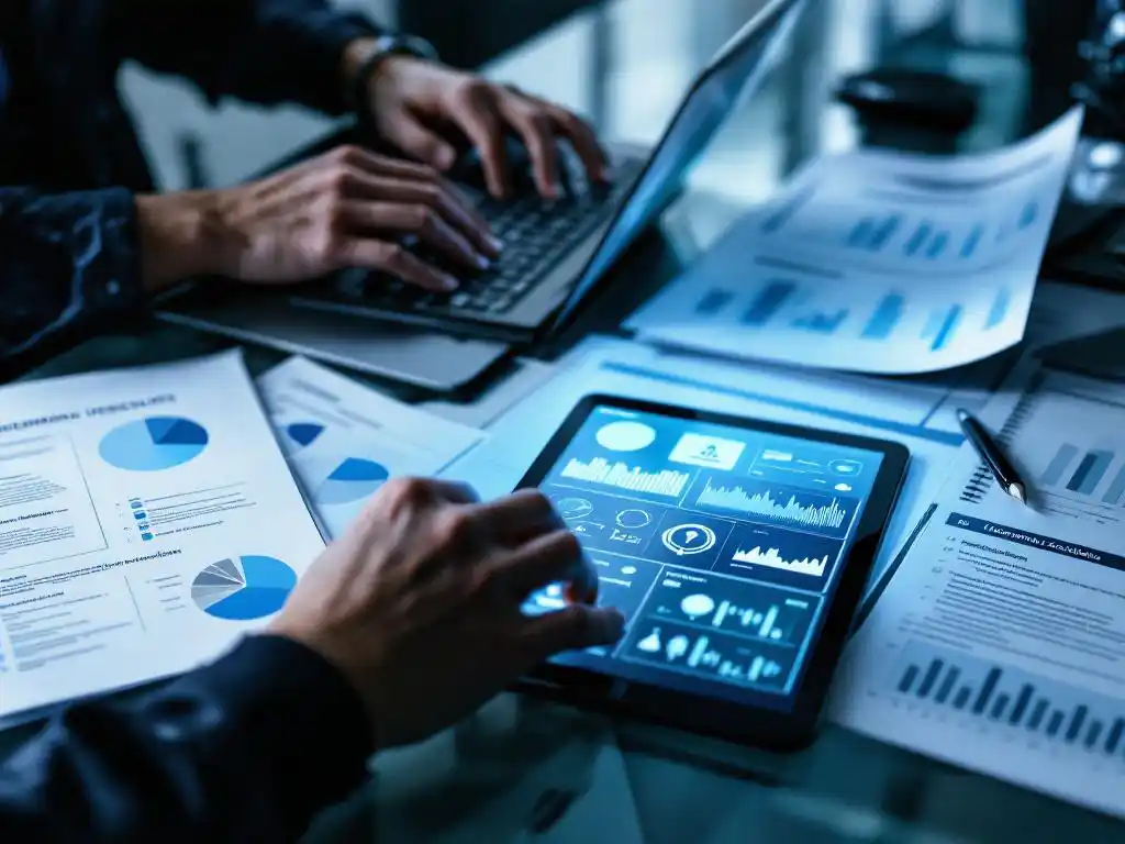 Cybersecurity professional typt op laptop met penetratietests en kwetsbaarheidsscans op glazen bureau