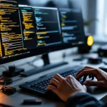 Cybersecurity professional typt op laptop met penetratietesttools op scherm en beveiligingsapparatuur op bureau