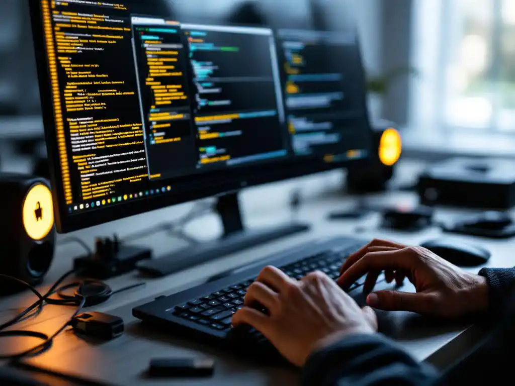 Cybersecurity professional typt op laptop met penetratietesttools op scherm en beveiligingsapparatuur op bureau