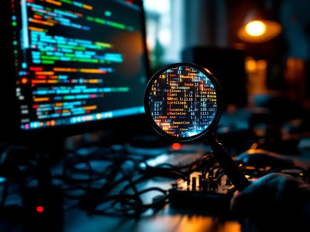 Cybersecurity professional onderzoekt code kwetsbaarheden met vergrootglas op computerscherm, penetratietestapparatuur op bureau