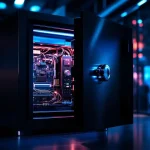 Zwarte metalen kluis met half geopende deur toont printplaten, cybersecurity professional test het slot in modern kantoor