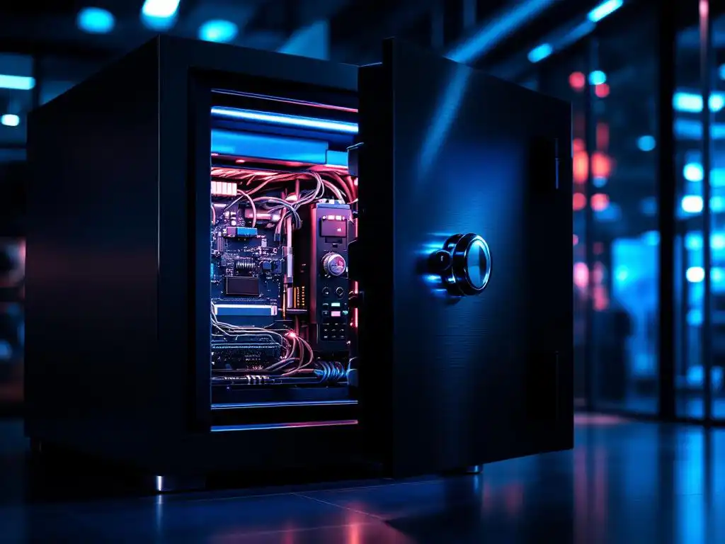 Zwarte metalen kluis met half geopende deur toont printplaten, cybersecurity professional test het slot in modern kantoor