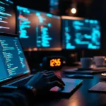 Cybersecurity professional typt op laptop met beveiligingsdashboards op meerdere monitoren in donkere werkruimte