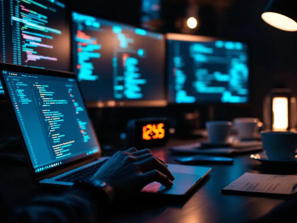 Cybersecurity professional typt op laptop met beveiligingsdashboards op meerdere monitoren in donkere werkruimte