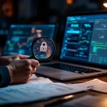 Cybersecurity professional analyseert kwetsbaarheidsrapport op laptop met vergrootglas en beveiligingscertificaten op bureau