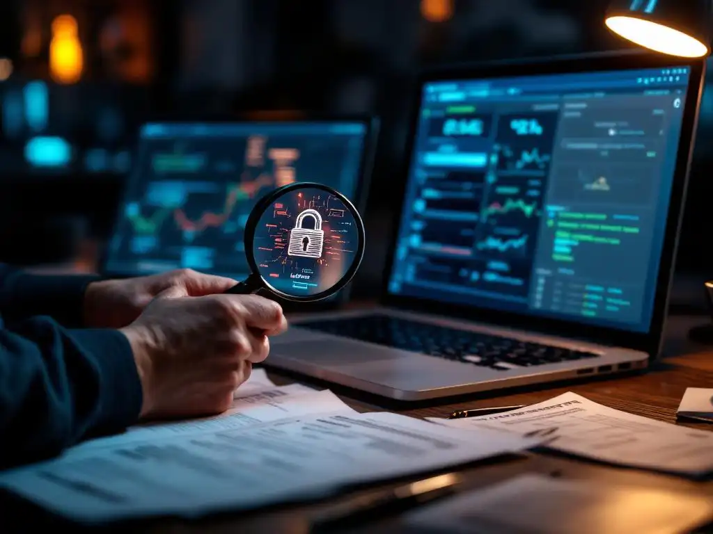 Cybersecurity professional analyseert kwetsbaarheidsrapport op laptop met vergrootglas en beveiligingscertificaten op bureau