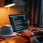 Cybersecurity professional werkt aan laptop met kwetsbaarheden op scherm, witte hoed en penetratietesttools op bureau