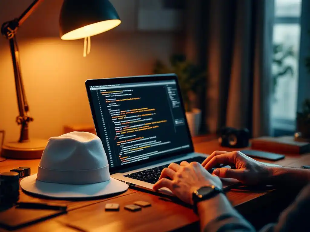 Cybersecurity professional werkt aan laptop met kwetsbaarheden op scherm, witte hoed en penetratietesttools op bureau