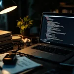 Cybersecurity professional werkt aan laptop met code, omringd door beveiligingshandboeken en netwerkapparatuur op bureau