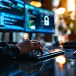 Cybersecurity professional typen op toetsenbord bij werkstation met beveiligingsdashboards op meerdere monitors