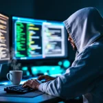 Cybersecurity professional in witte hoodie aan werkstation met witte hoed op bureau en groene code op monitors