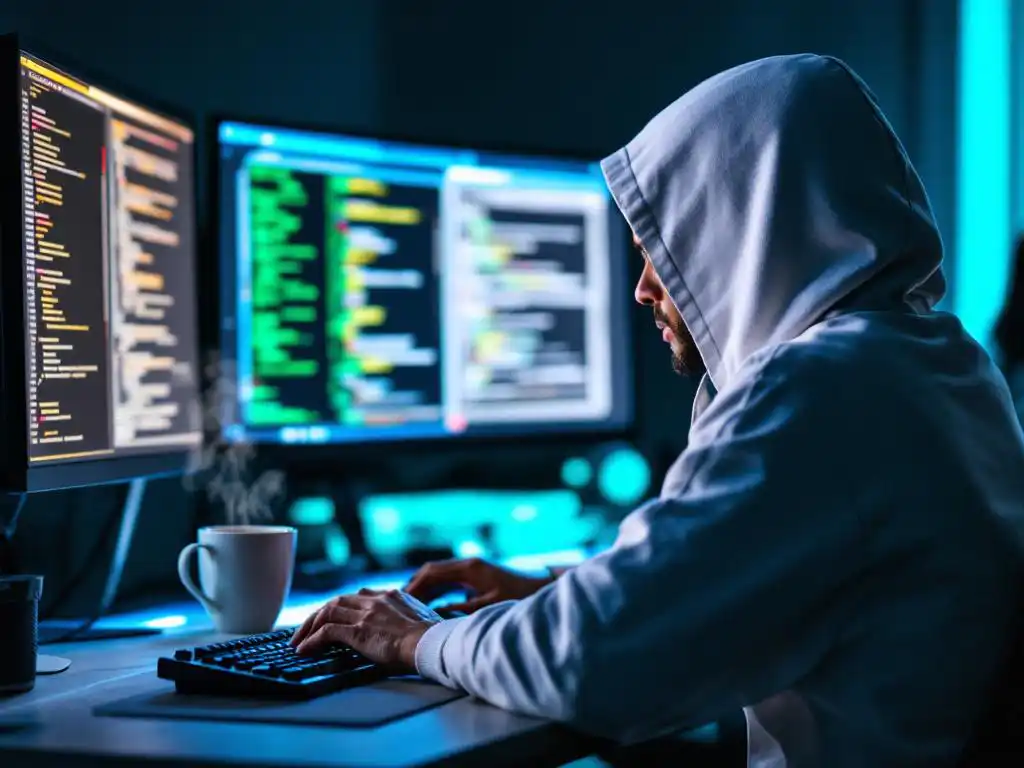 Cybersecurity professional in witte hoodie aan werkstation met witte hoed op bureau en groene code op monitors