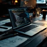 Cybersecurity professional werkt aan laptop met code en beveiligingstools, omringd door checklists en netwerkdiagrammen op bureau