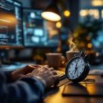 Cybersecurity professional aan werkstation met meerdere monitoren, analoge stopwatch en koffiekop op bureau