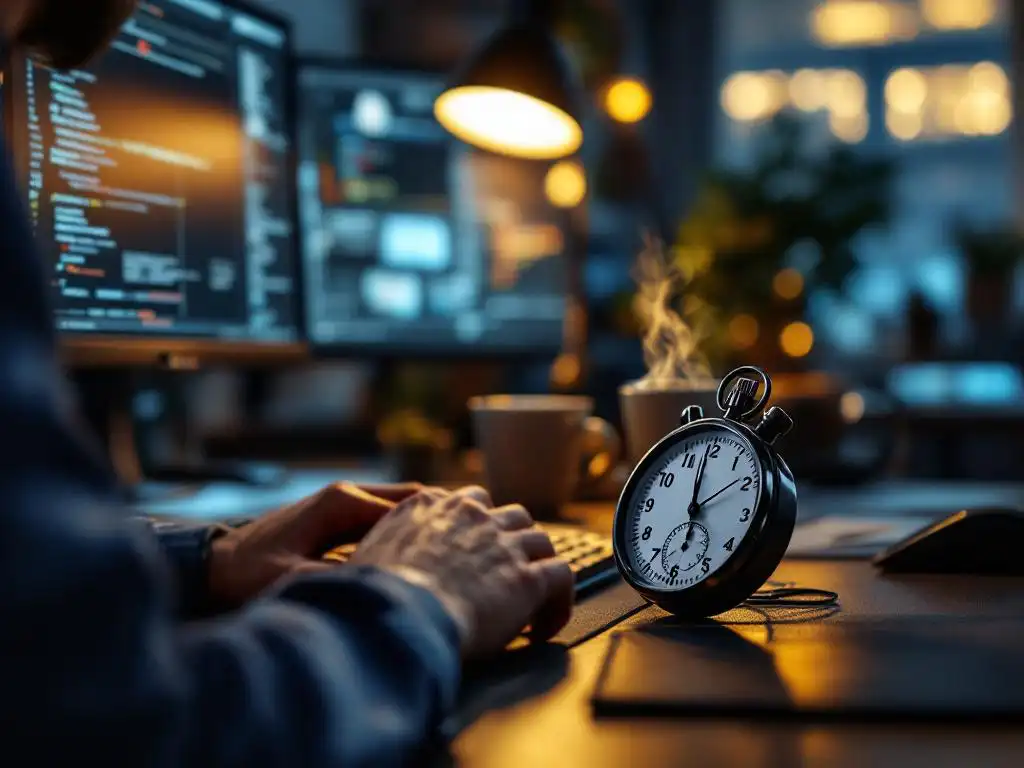 Cybersecurity professional aan werkstation met meerdere monitoren, analoge stopwatch en koffiekop op bureau