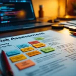 Cybersecurity risicobeoordelingsmatrix op bureau met gekleurde notities die kwetsbaarheden prioriteren, laptop op achtergrond