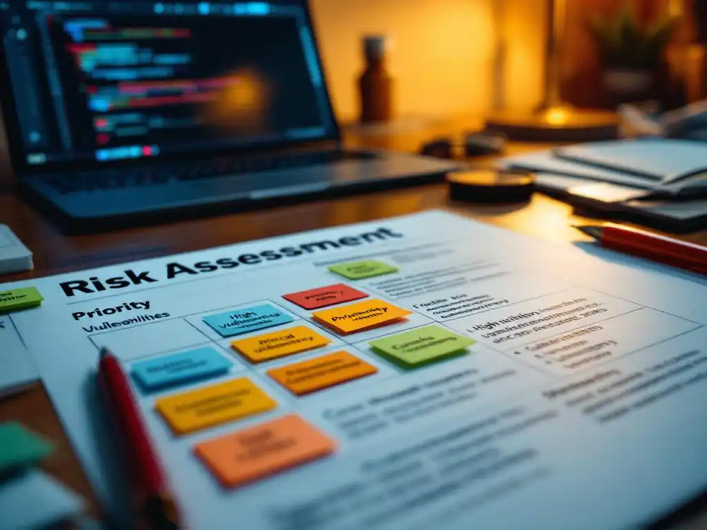 Cybersecurity risicobeoordelingsmatrix op bureau met gekleurde notities die kwetsbaarheden prioriteren, laptop op achtergrond