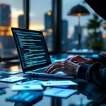 Cybersecurity specialist voert penetratietest uit op laptop in modern kantoor met bedrijfskaarten op glazen bureau