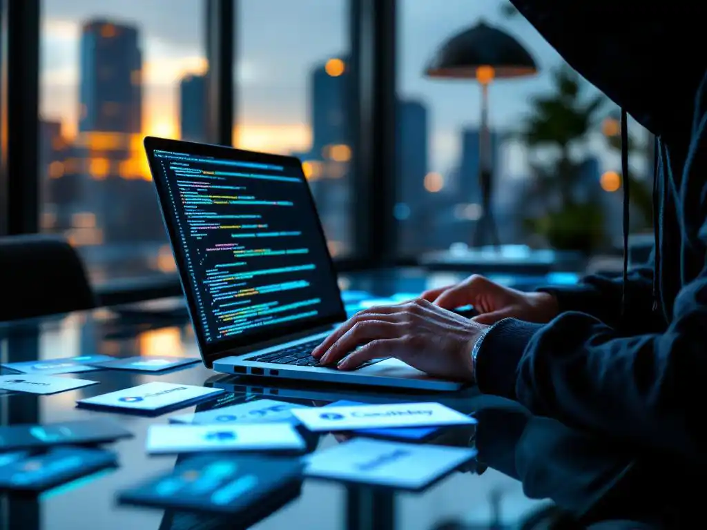 Cybersecurity specialist voert penetratietest uit op laptop in modern kantoor met bedrijfskaarten op glazen bureau