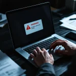 Zakelijke handen typen op laptop met rode beveiligingswaarschuwing, cybersecurity rapporten op bureau, urgente sfeer