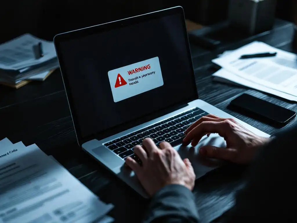 Zakelijke handen typen op laptop met rode beveiligingswaarschuwing, cybersecurity rapporten op bureau, urgente sfeer