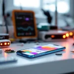 Smartphone met kleurrijk IoT dashboard op testbank omringd door slimme thermostaat, sensoren en meetapparatuur in laboratorium