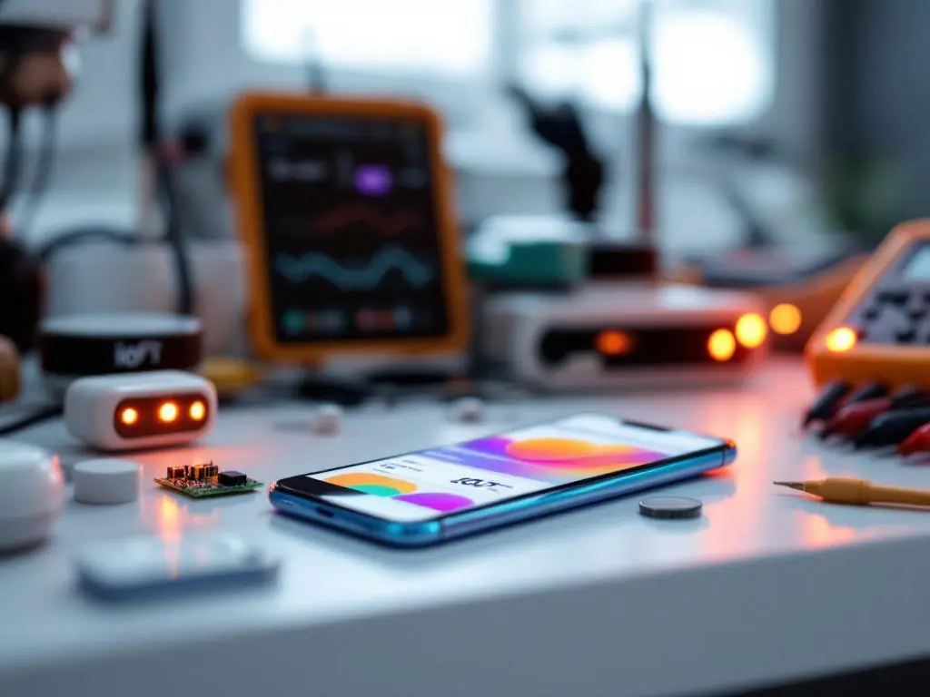 Smartphone met kleurrijk IoT dashboard op testbank omringd door slimme thermostaat, sensoren en meetapparatuur in laboratorium