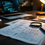 Penetratietest rapport met technische diagrammen op houten bureau, laptop met kwetsbaarheden op scherm, vergrootglas