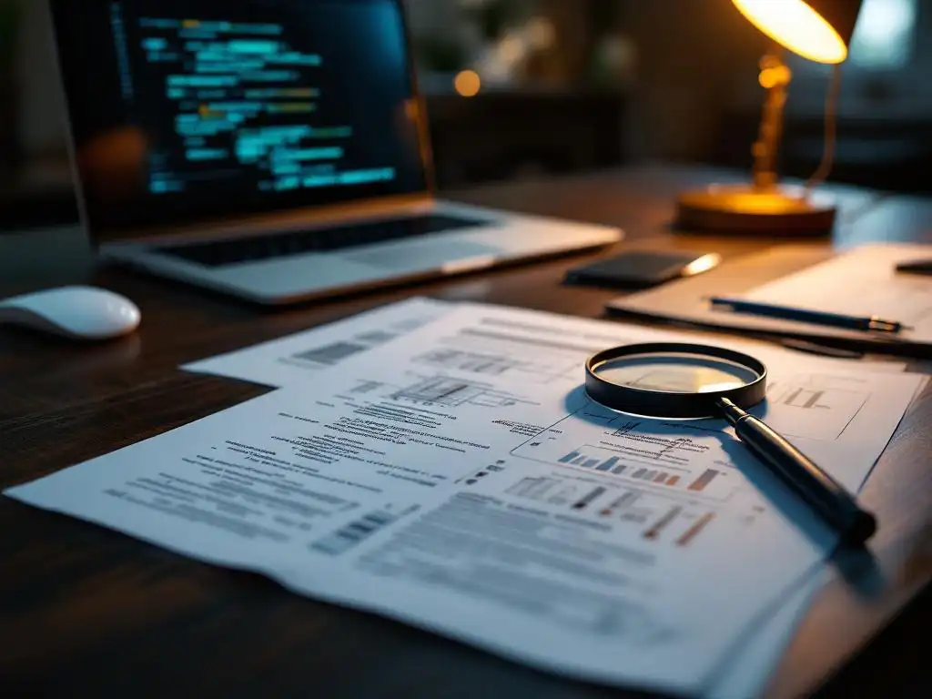 Penetratietest rapport met technische diagrammen op houten bureau, laptop met kwetsbaarheden op scherm, vergrootglas
