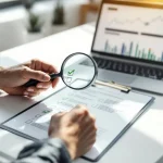 Professionele handen houden vergrootglas boven checklist met groene vinkjes, laptop met grafieken op bureau