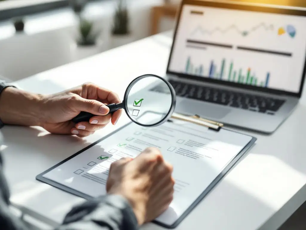 Professionele handen houden vergrootglas boven checklist met groene vinkjes, laptop met grafieken op bureau