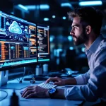 Software engineer monitort serverstatus op meerdere schermen met netwerkdiagram in modern kantoor
