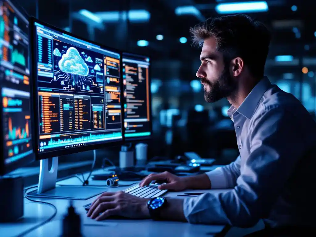Software engineer monitort serverstatus op meerdere schermen met netwerkdiagram in modern kantoor