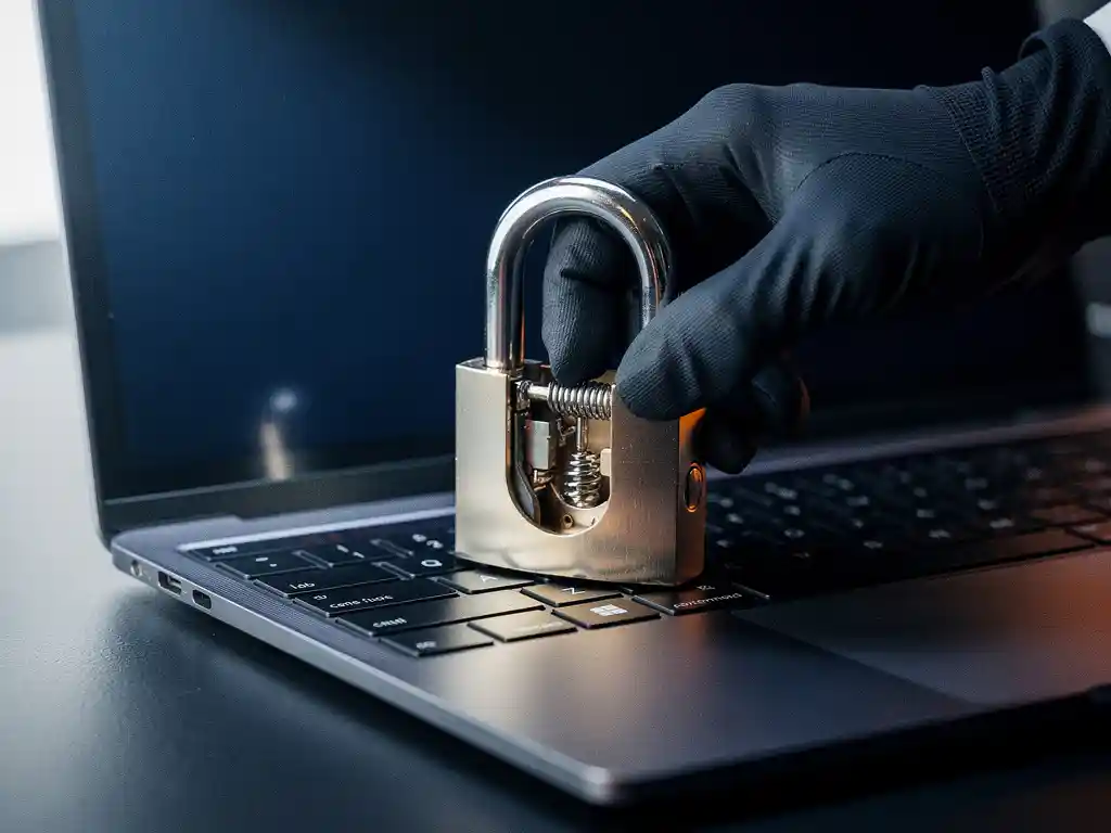 Gehandschoende hand die een geopend hangslot op een laptoptoetsenbord drukt, met zichtbare binnenste mechanismen, cybersecurity concept.