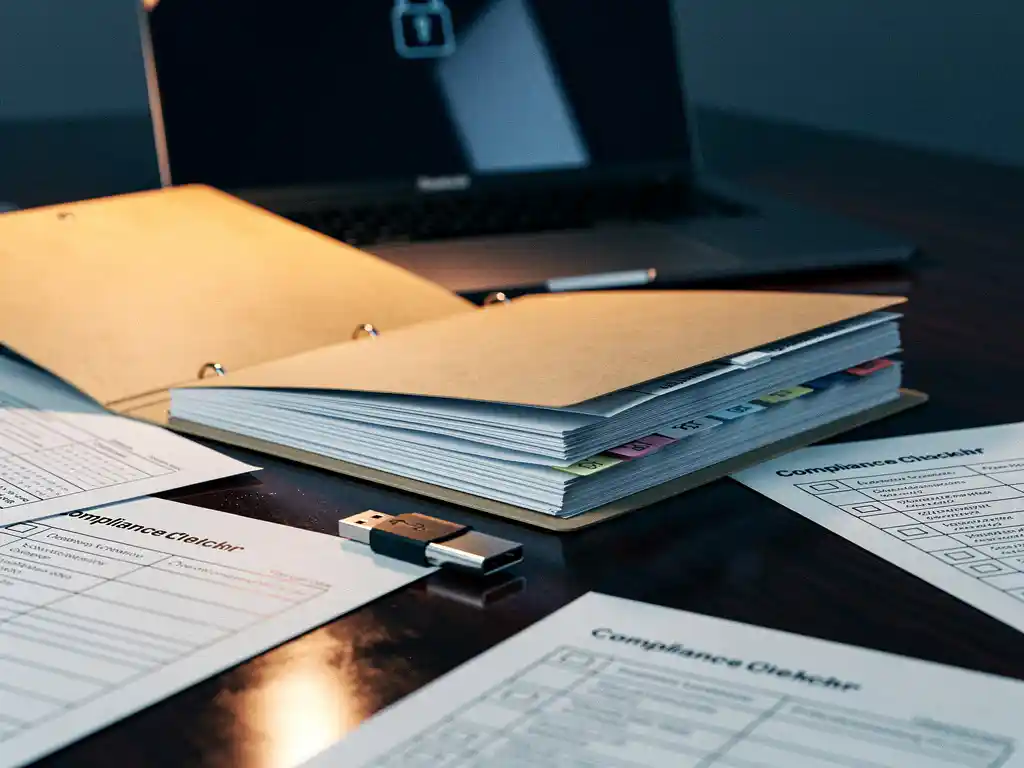 Open auditmap met compliance-checklists, USB-beveiligingssleutel en laptop op donker bureau, verlicht door amberkleurige bureaulamp.