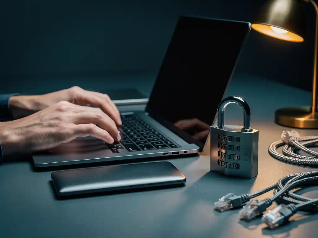 Ontwikkelaarhanden boven laptoptoetsenbord met gesloten combinatieslot en ethernetkabels op bureau, verlicht door warm amberkleurig bureaulampje.