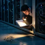 Cybersecurityanalist onderzoekt toegangslogboek bij verlichte serverrack in donker datacenter, met voetstap in stof op de vloer.