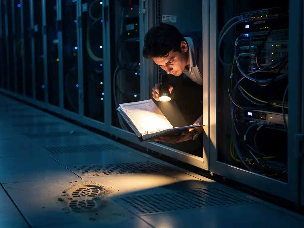 Cybersecurityanalist onderzoekt toegangslogboek bij verlichte serverrack in donker datacenter, met voetstap in stof op de vloer.