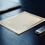 Officieel beveiligingscertificaat op donker bureau naast USB-beveiligingssleutel en gesloten laptop, in stalen blauwtinten.