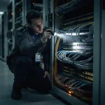 Beveiligingsprofessional inspecteert serverkast met zaklamp in donker datacenter, zoekend naar kwetsbaarheden in netwerkkabels.