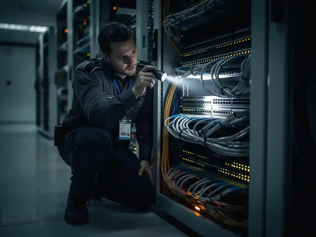 Beveiligingsprofessional inspecteert serverkast met zaklamp in donker datacenter, zoekend naar kwetsbaarheden in netwerkkabels.