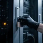 Gehandschoende hand die een fysiek hangslot op een serverrackpaneel indrukt, met amberkleurig waarschuwingslicht in datacenteromgeving.