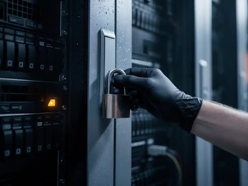 Gehandschoende hand die een fysiek hangslot op een serverrackpaneel indrukt, met amberkleurig waarschuwingslicht in datacenteromgeving.